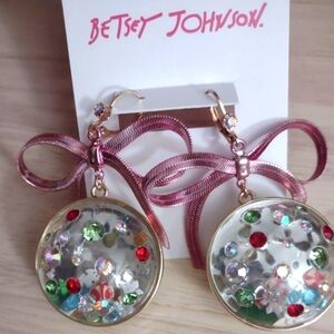 Betsey Johnson Christmas Snow Globe Candy Large Ornament Pink Ribbon Earrings